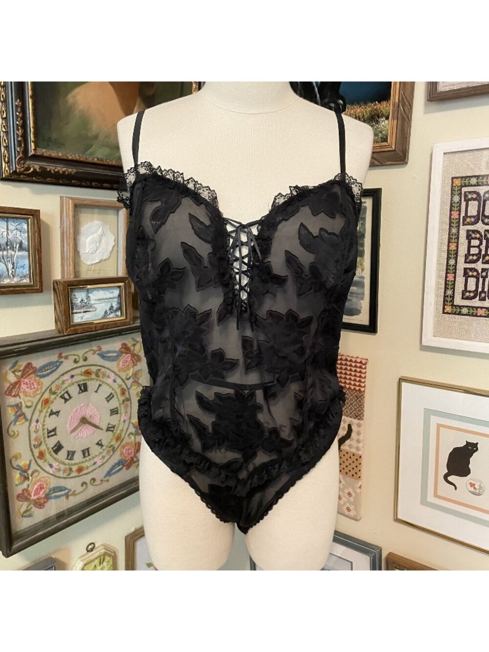 80s Vintage Elegant Black Lace Soft Sensations Bodysuit with Lace Front Size 2X